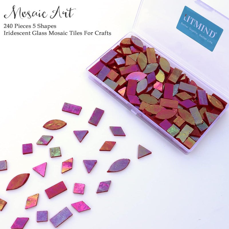 LITMIND Iridescent Glass Mosaic Tiles for Crafts, 240 Pieces 5 Shapes Mixed Red Stained Glass Pieces, Mosaic Kits for Adults (Iridescent Red) - Image 3